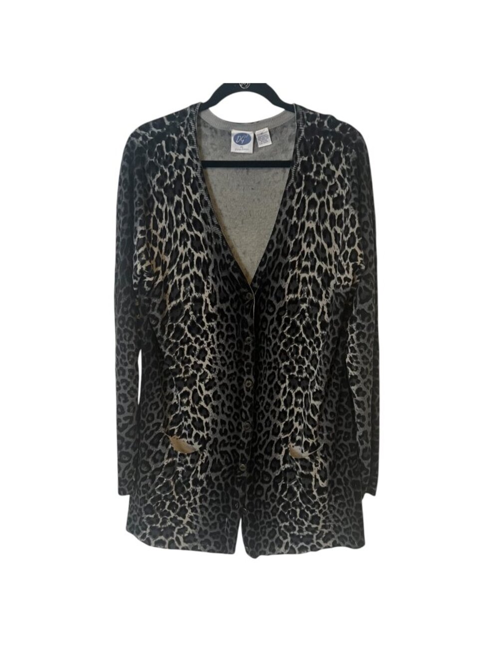 Womens Cardigan Sweater XL Leopard Print DG2 Diane Gilman Button Up Pockets Long